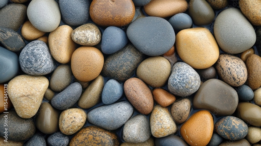 A close-up shot of smooth, colorful, and various sizes of river rocks. A close-up shot of smooth, colorful, and various sizes of river rocks.