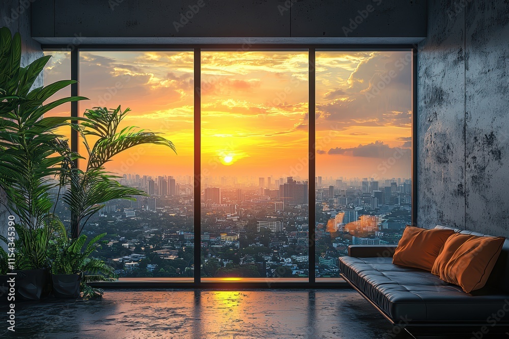 Fototapeta premium Urban sunset serenity modern apartment with panoramic city view contemporary design tranquil environment captured from inside