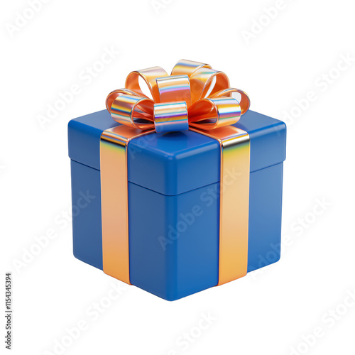 A 3D render of a blue gift box with an orange holographic iridescent ribbon. The background is transparent.