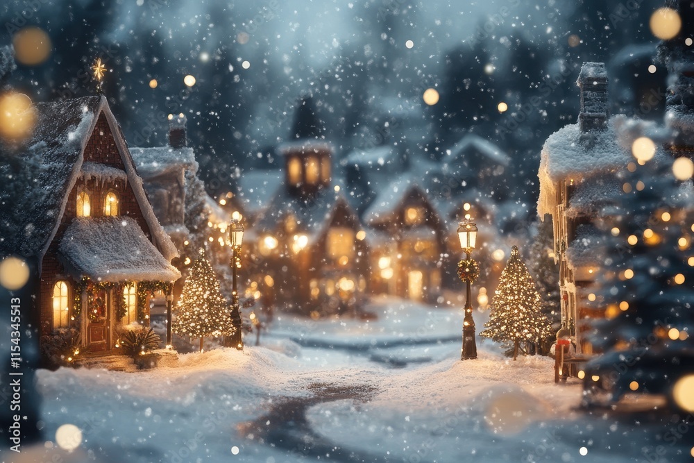 Fototapeta premium Charming winter village illuminated by street lamps with falling snow and festive decorations