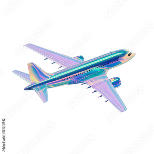 A 3D render of an iridescent airplane with a holographic effect. The airplane is flying through the air and is partially transparent. 
