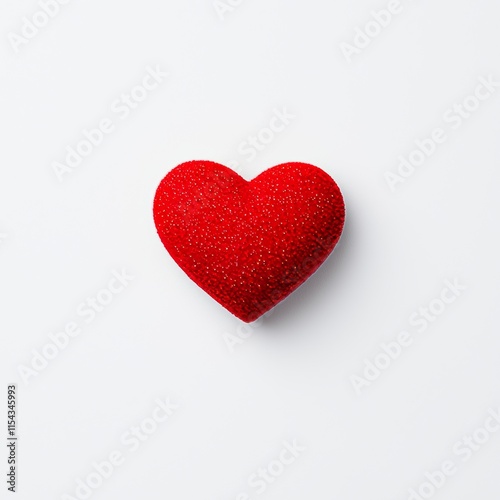 A red, metallic, shimmering nail polish in a heart-shaped pattern, isolated on a white background. A cosmetic makeup product.