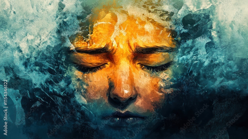A woman's face is partially obscured by a swirling mass of blue and orange paint, evoking a sense of mystery and emotion. A woman's face is partially obscured by a swirling mass of blue and orange paint, evoking a sense of mystery and emotion.