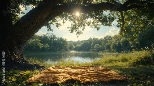 A picnic blanket spread out under a shady tree on a summer day. photo