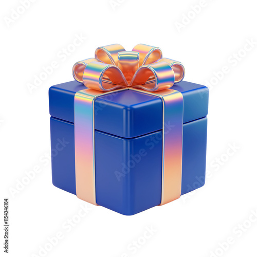 A 3D render of a blue gift box with an orange holographic iridescent ribbon . The background is transparent. The lighting is soft.