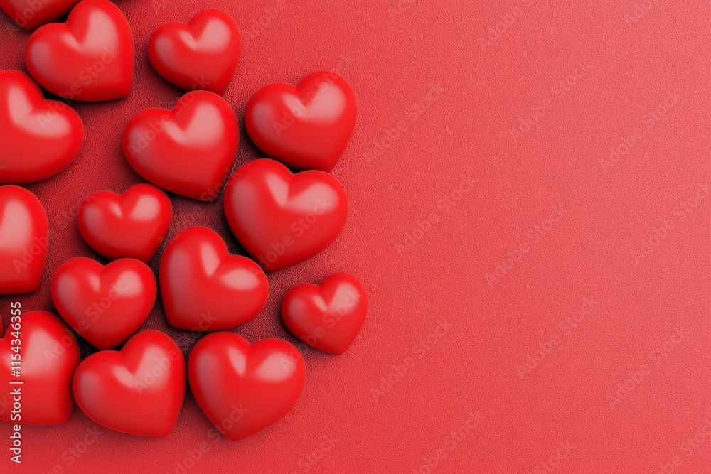 A stock photo featuring shiny red hearts with water droplets.