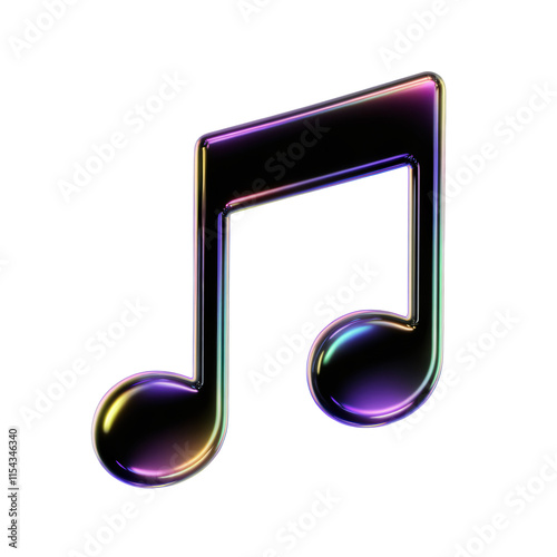 A 3D render of a holographic, iridescent black music note. The note is floating in the air and has a glowing outline. The background is transparent.
