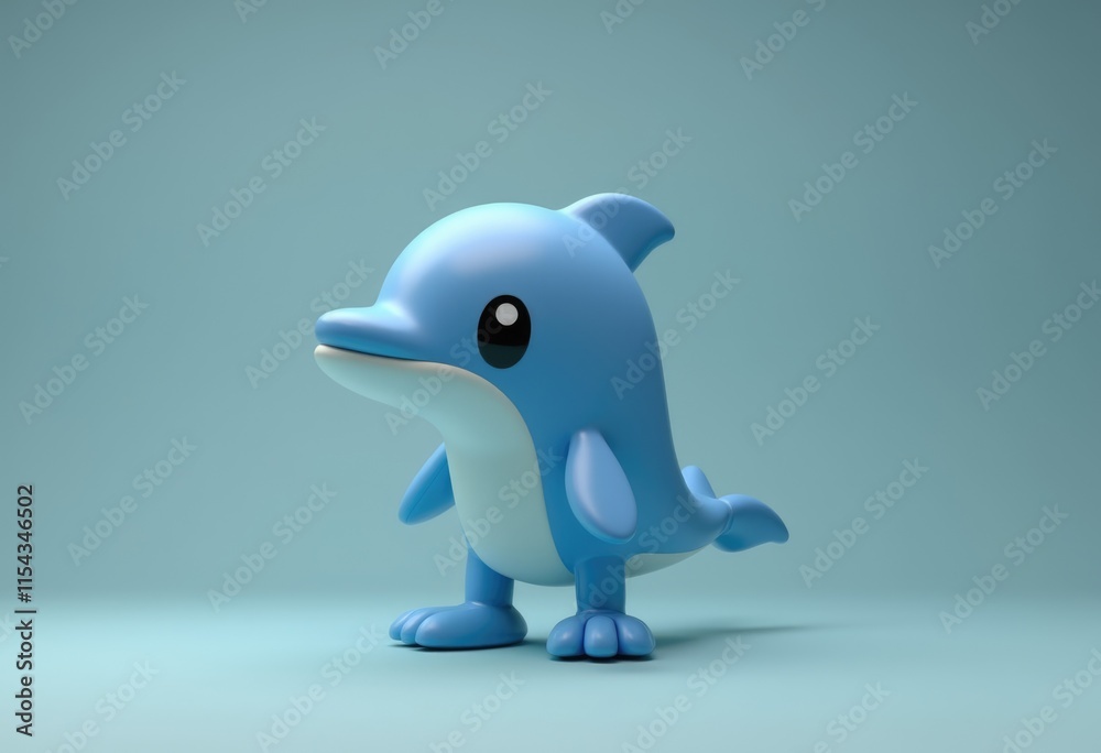 A cute blue cartoon dolphin with big eyes standing on a light blue background A cute blue cartoon dolphin with big eyes standing on a light blue background