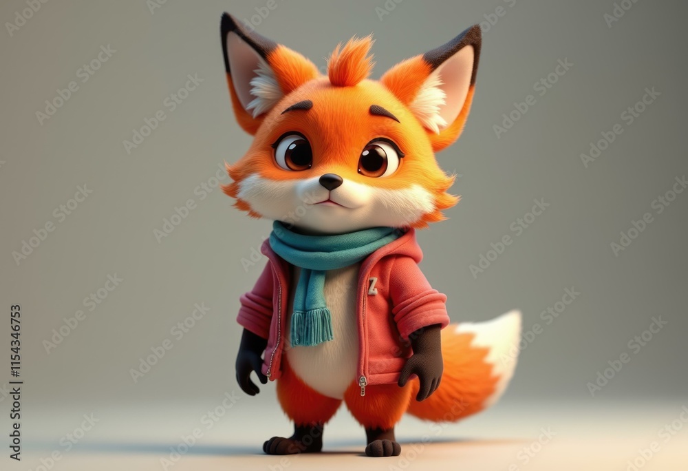 A cute cartoon fox wearing a red jacket and a blue scarf A cute cartoon fox wearing a red jacket and a blue scarf