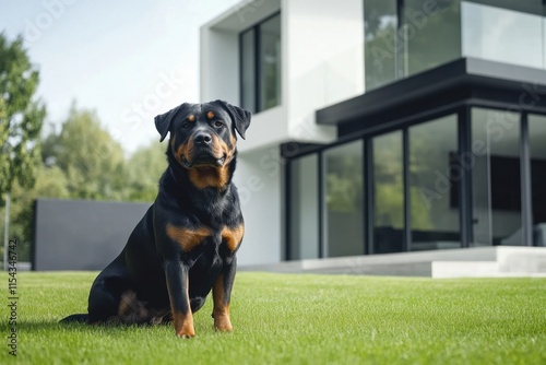 Powerful Rottweiler next to modern house strength elegance calm photo