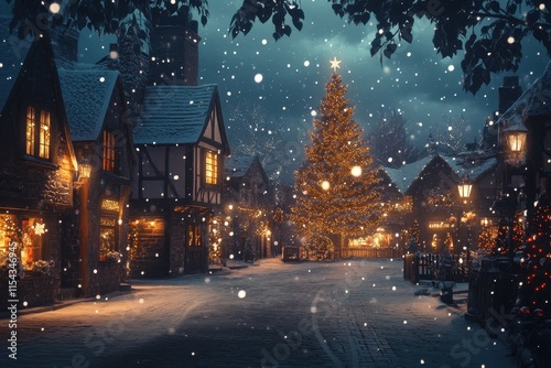 Winter evening in a charming village adorned with Christmas lights and a festive tree