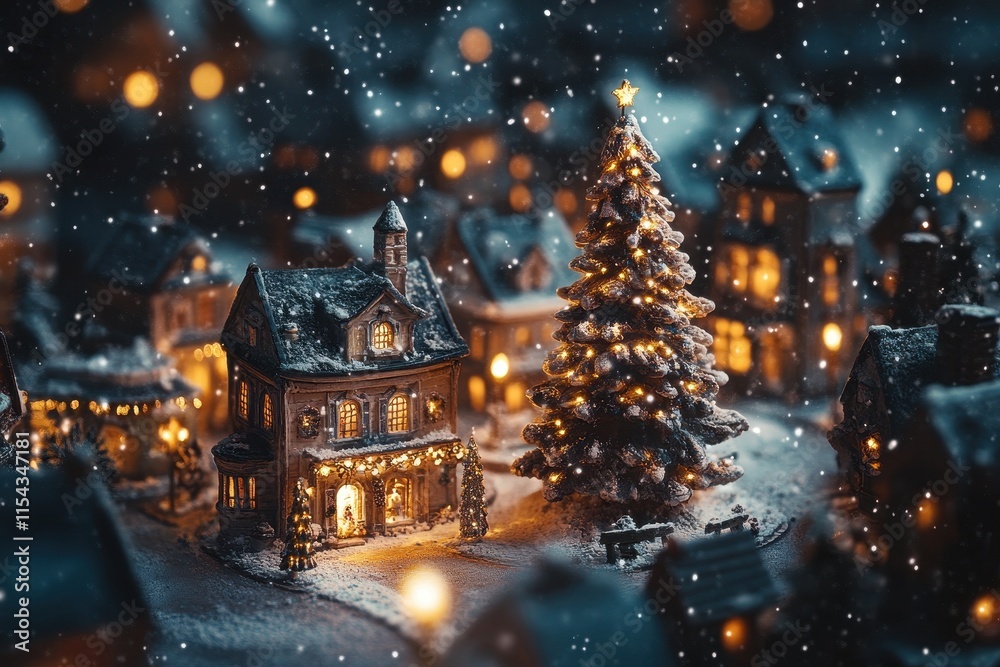 Fototapeta premium Magical winter village illuminated by festive lights during a snowy night