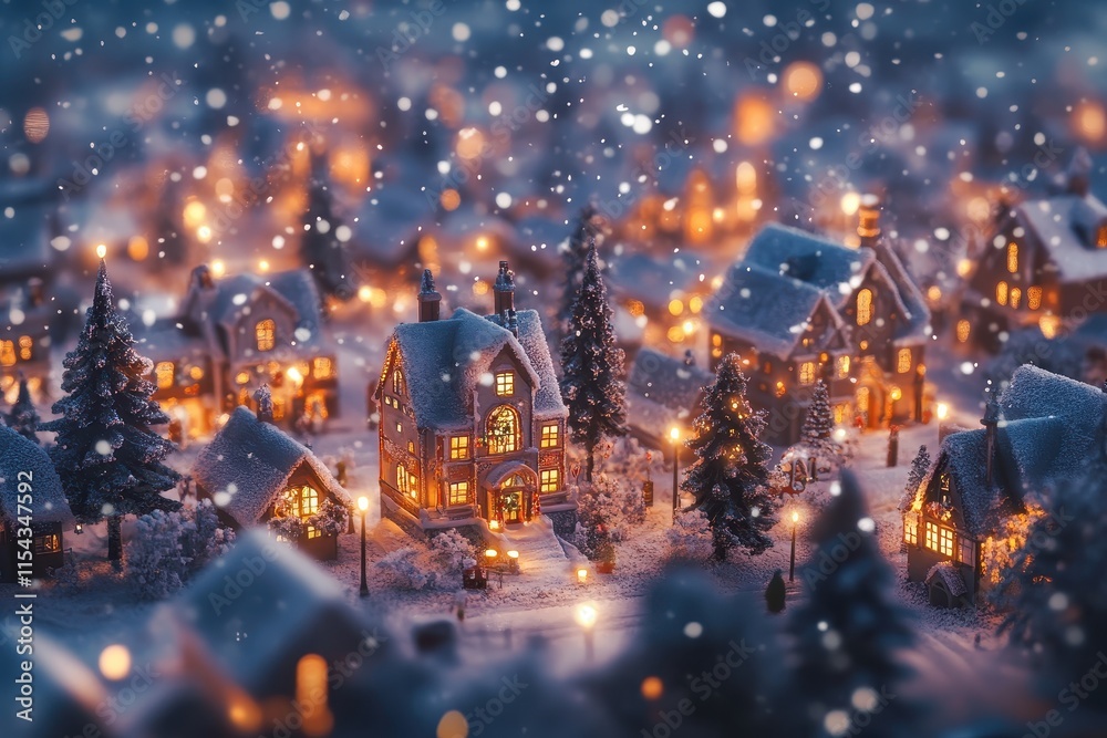 Fototapeta premium Winter wonderland with illuminated homes and falling snow in a cozy village setting at dusk