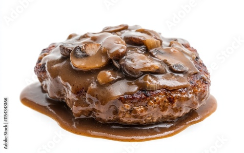 A classic Salisbury steak with mushroom gravy, floating against a pure white backdrop