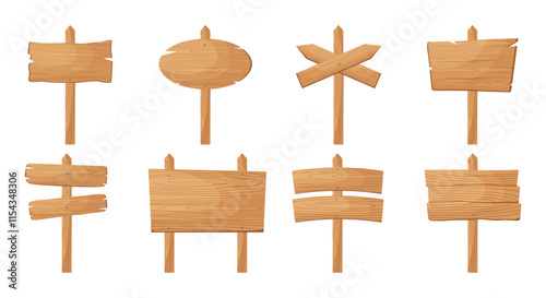 Winter Christmas wooden sign boards. Frames and banners on poles. Arrow, round and rectangular billboards. Road signages. Vector