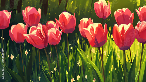 Radiant tulips bloom amidst a verdant meadow, their saturated colors gleaming under the warm light of a sunny afternoon. verdant. illustration. verdant. illustration. Verdantine. Illustration
