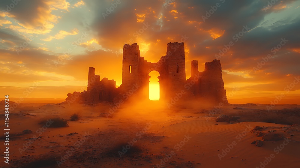 Fototapeta premium Sunlit desert castle ruins at sunset, sand, architecture, ancient.