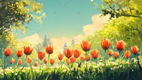 Radiant tulips bloom amidst a verdant meadow, their saturated colors gleaming under the warm light of a sunny afternoon. verdant. illustration. Verdantine. Illustration photo