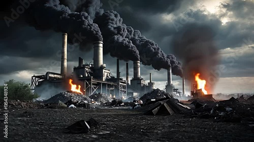 Industrial Factory with Smoke Stacks Emitting Thick Smoke, Flames, and Dark Sky in a Polluted Landscape

 photo