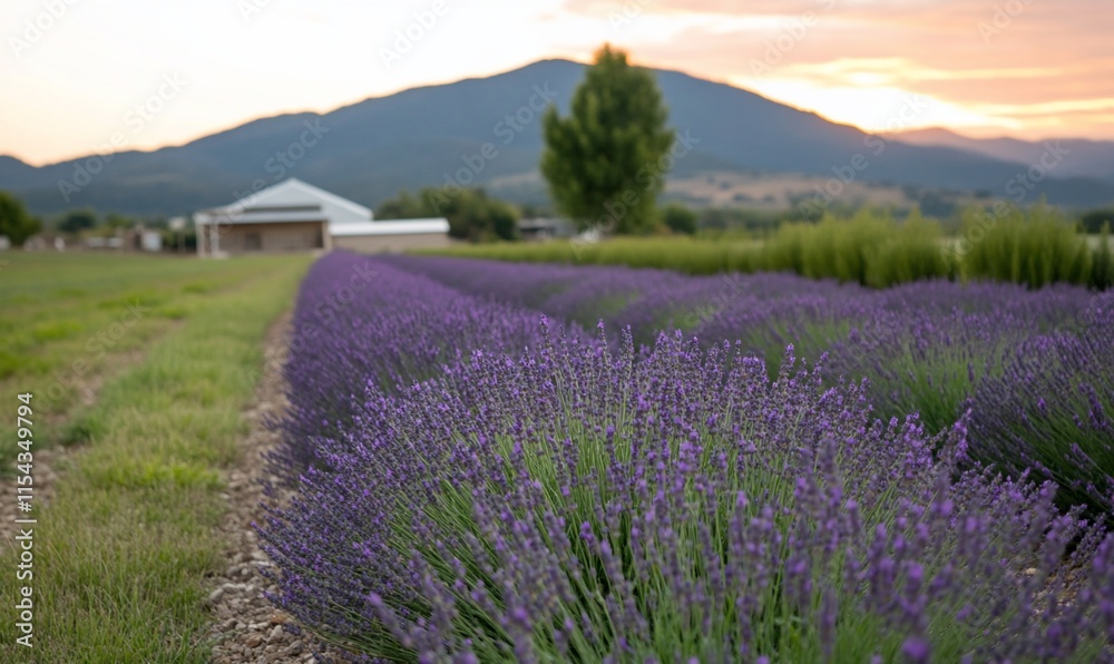 Fototapeta premium Sunset over lavender field, farm, and mountains.