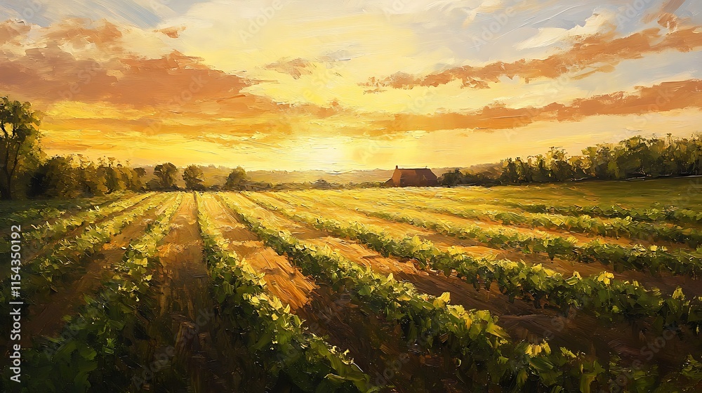 Obraz premium Golden Hour Vineyard: Vibrant Sunset Landscape Illustration in Impressionistic Style. AI Generated