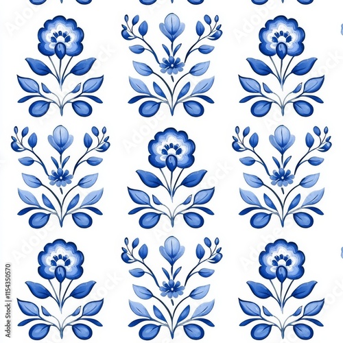 Seamless traditional Dutch delft blue and white handpainted pattern. Stock.