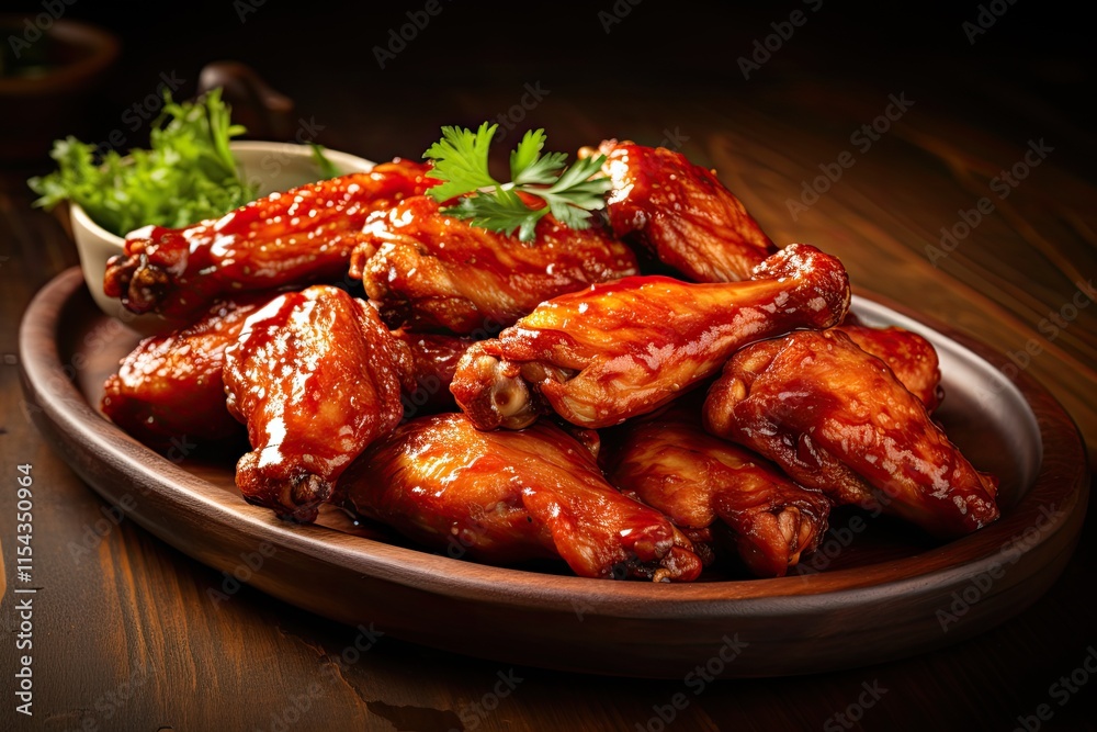 Close up shot of barbecue chicken wings on wooden tray with selective focus Close up shot of barbecue chicken wings on wooden tray with selective focus