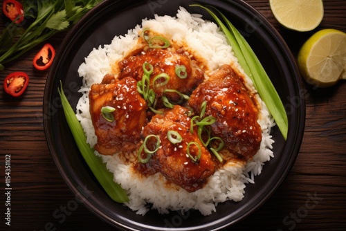 Close up top view of Indonesian chicken baked in ginger garlic sauce served with rice on a plate
