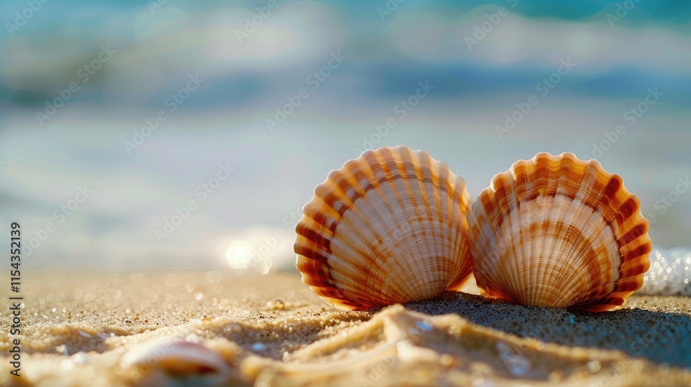 Seashells resting on golden sand with a warm glow Seashells resting on golden sand with a warm glow