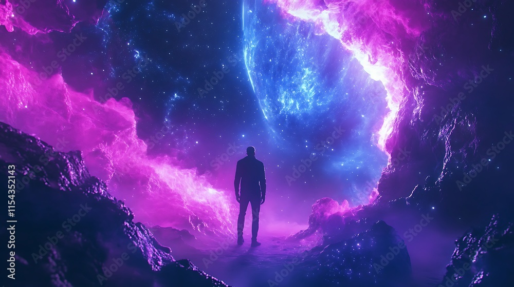 Fototapeta premium Intriguing Digital Painting: Solitary Figure Contemplates Vibrant Cosmic Landscape. AI Generated
