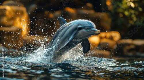 A playful dolphin leaping out of the water. photo