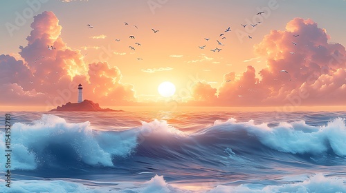 Serene sunset over ocean waves crashing near a lighthouse on a small island with birds flying.