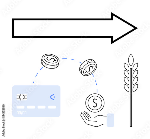 Credit card, coins, hand, arrow pointing right, and wheat spike. Ideal for finance, digital transactions, agriculture investments, economic growth forward movement payment methods future progress