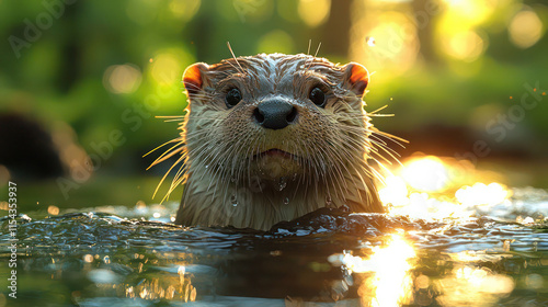 A playful otter frolicking in a crystal-clear stream, with sunlight filtering through the water. photo