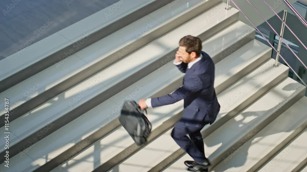Motivated businessman calling smartphone climbing stairs office. Confident man