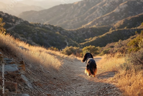 Highquality photo longhaired Dachshund trotting on mountain trail photo