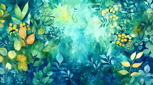 A vibrant tapestry of watercolor foliage and abstract shapes, blooming with verdant life in hues of turquoise and emerald green. Verdantine. Illustration