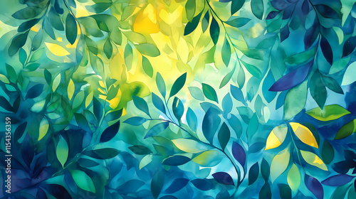 A vibrant tapestry of watercolor foliage and abstract shapes, blooming with verdant life in hues of turquoise and emerald green. Verdantine. Illustration