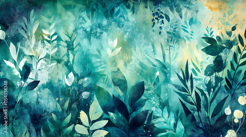 A vibrant tapestry of watercolor foliage and abstract shapes, blooming with verdant life in hues of turquoise and emerald green. Verdantine. Illustration