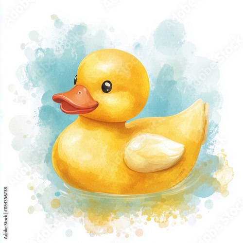 Rubber duck illustration, flat design, side view, playful baby shower theme, water color, colored pastel photo