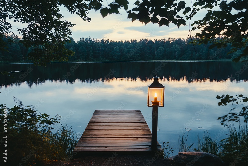 Obraz premium Serene lakeside dock at dusk with lit lantern.