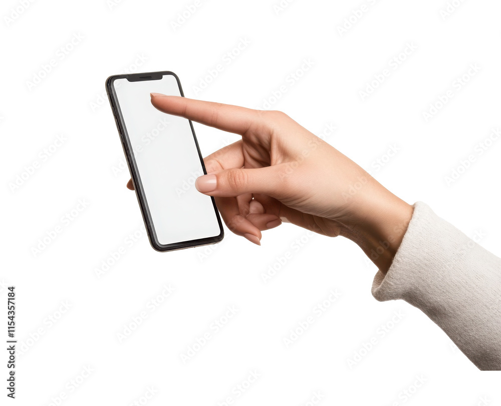 Mockup on blank touchscreen of smartphone in female hands, isolated on white background, copy space 
