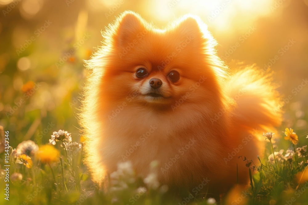 Vivid DSLR photo of Pomeranian with fluffy orangered coat in sunny meadow Vivid DSLR photo of Pomeranian with fluffy orangered coat in sunny meadow