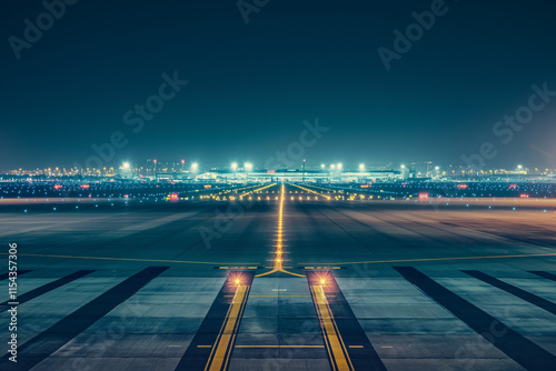 Nighttime Runway Leading to Illuminated Airport Terminal