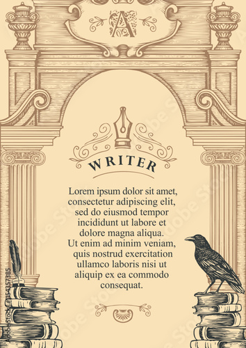 A4 Vector banner on writers theme with sketches and space for text. Writer's workplace. Vintage illustration with hand-drawn books, vintage architecture arch, old wise raven and writer's pen with ink