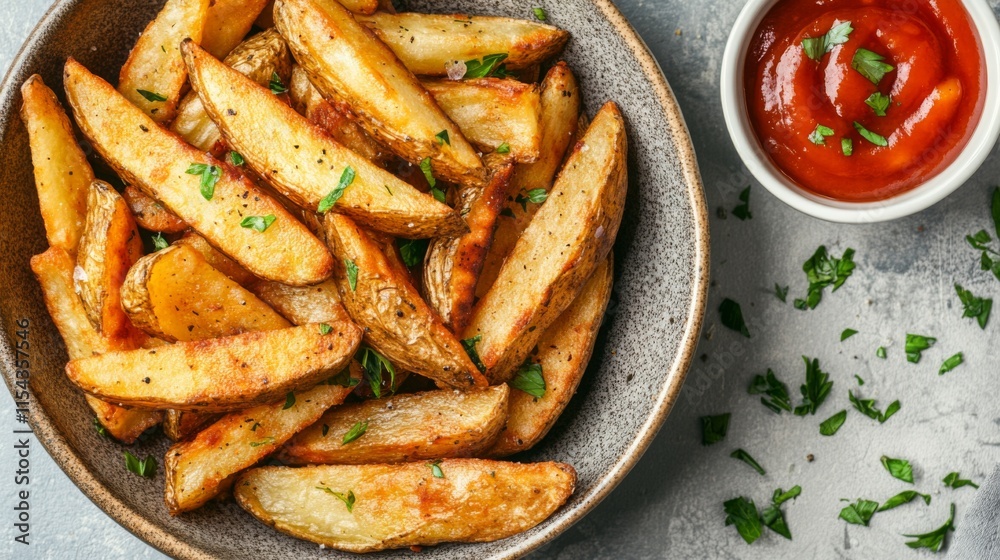 Neatly Arranged Fries with Dipping Sauce in Modern Kitchen Neatly Arranged Fries with Dipping Sauce in Modern Kitchen