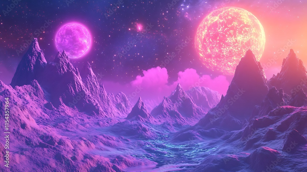 Fototapeta premium Vibrant Digital Painting: Dreamlike Alien Landscape with Glowing Planets. AI Generated