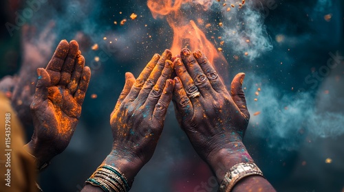 Close-up of hands covered in vibrant orange and blue powder, cupped together with fire and smoke rising between them. A captivating image of cultural ritual and celebration. photo