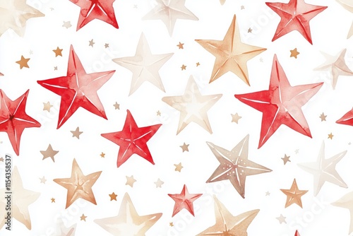 Seamless watercolor pattern of cute red and beige stars on a white background ideal for children s room decor playful design elements