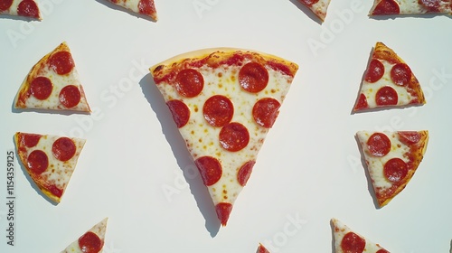 A large pepperoni pizza slice is centrally positioned, surrounded by smaller slices on a white background.  The image is bright and visually appealing, ideal for food advertising. photo